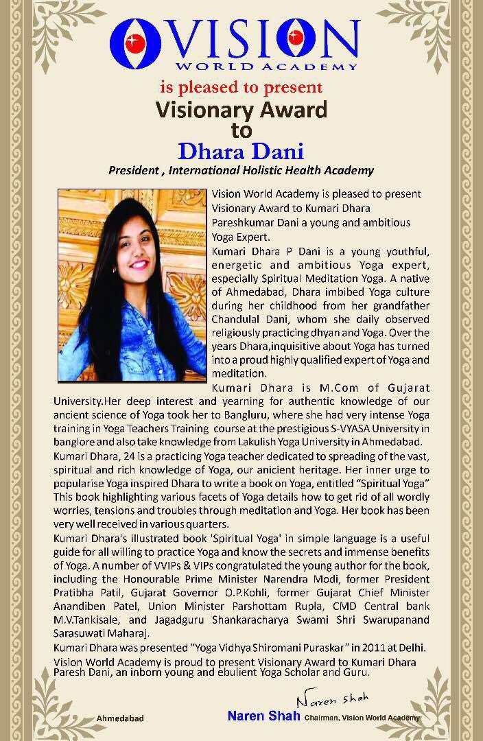 Vision World Academy Visionary Award certificate honoring Dr Dhara Dani for outstanding contribution to yoga and spiritual meditation education