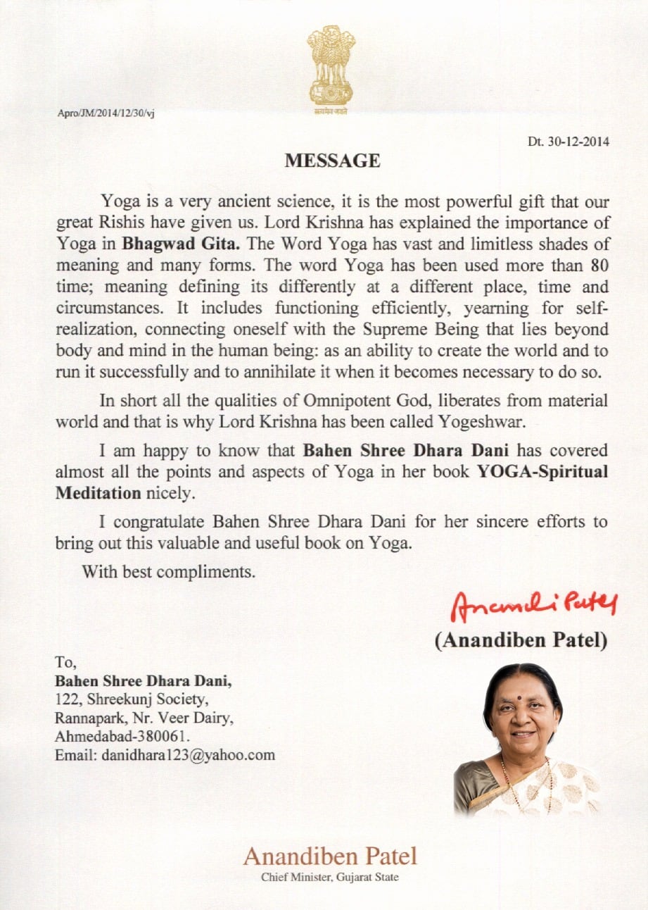 Endorsement from Chief Minister Anandiben Patel congratulating Dr Dhara Dani for comprehensively covering all aspects of yoga in her book