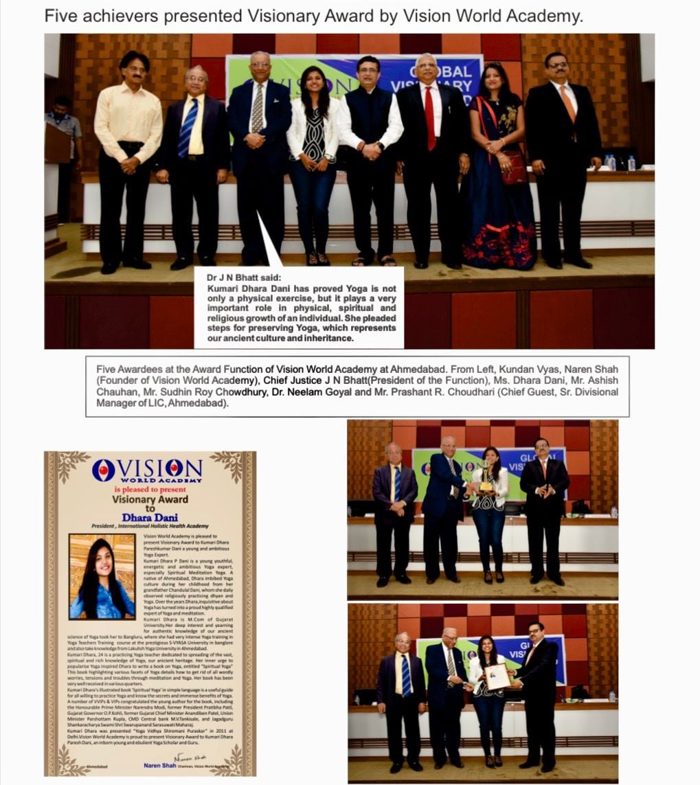 Vision World Academy ceremony showing Dr Dhara Dani receiving Visionary Award alongside distinguished achievers and dignitaries